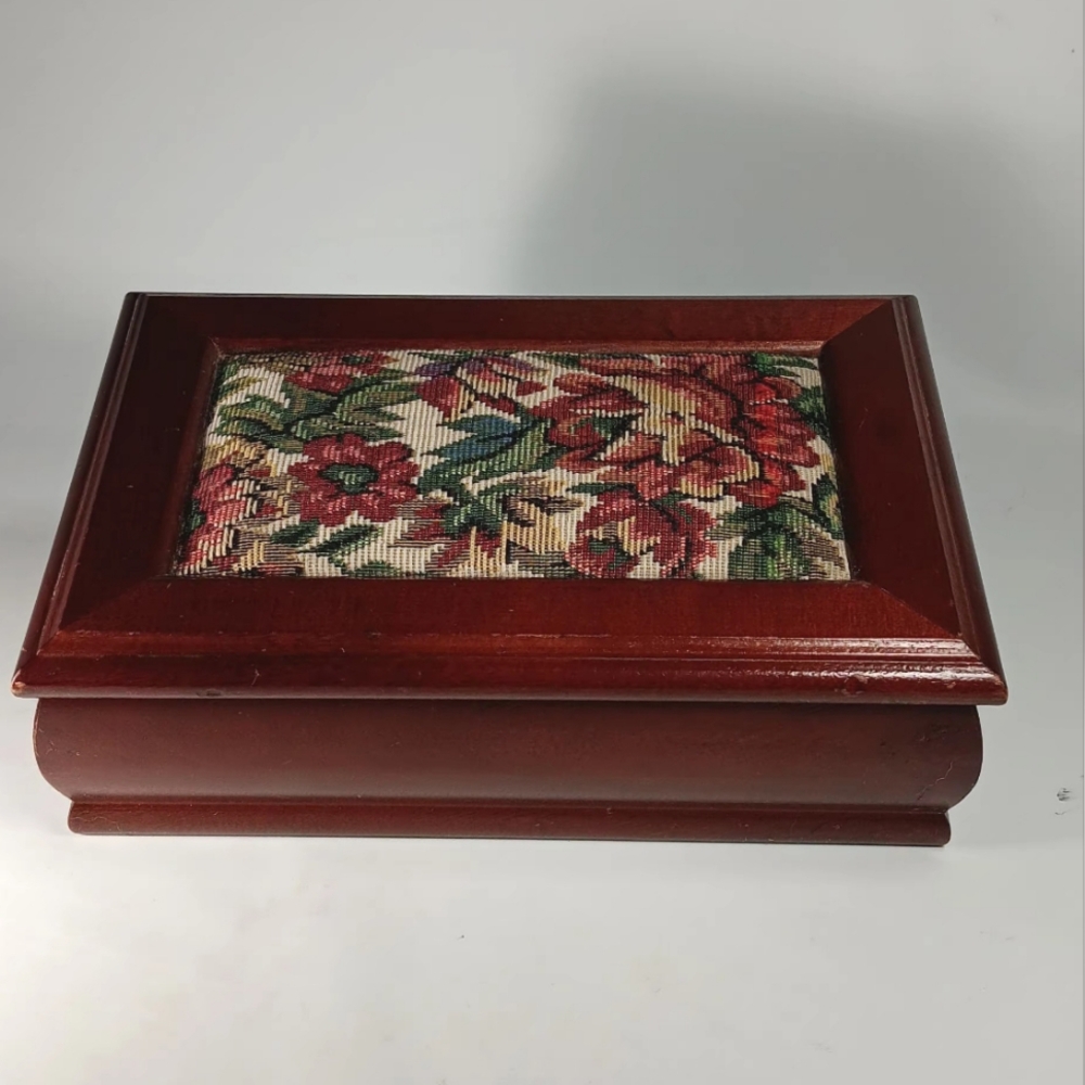 Vtg. Wood & Tapestry Mirrored Jewelry Box